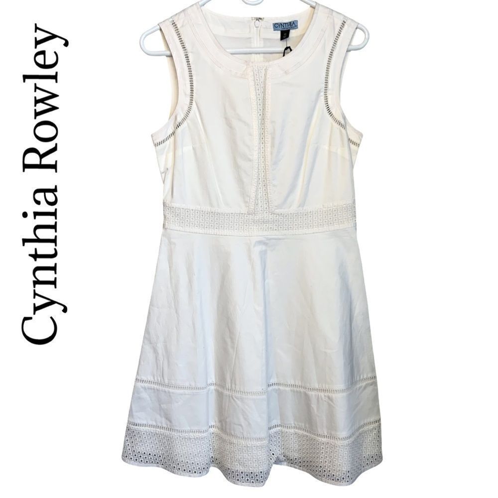 NWT Cynthia Rowley white fit and flare eyelet crochet trim dress size 8